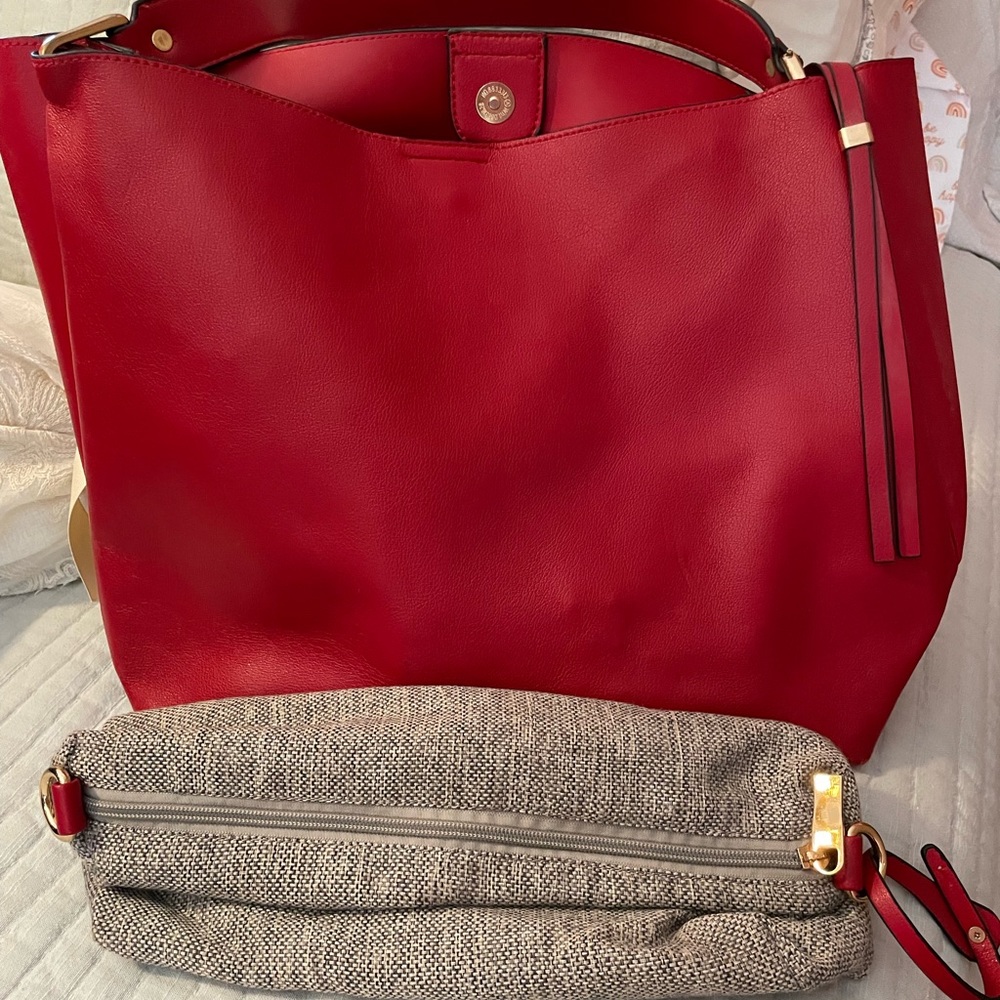 Red tote with tan cosmetic bag